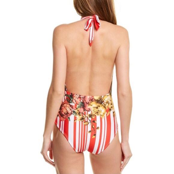 Rococo Sand One Piece Swimsuit Halter Neck Backless Floral Stripes Red White XS - Picture 2 of 7